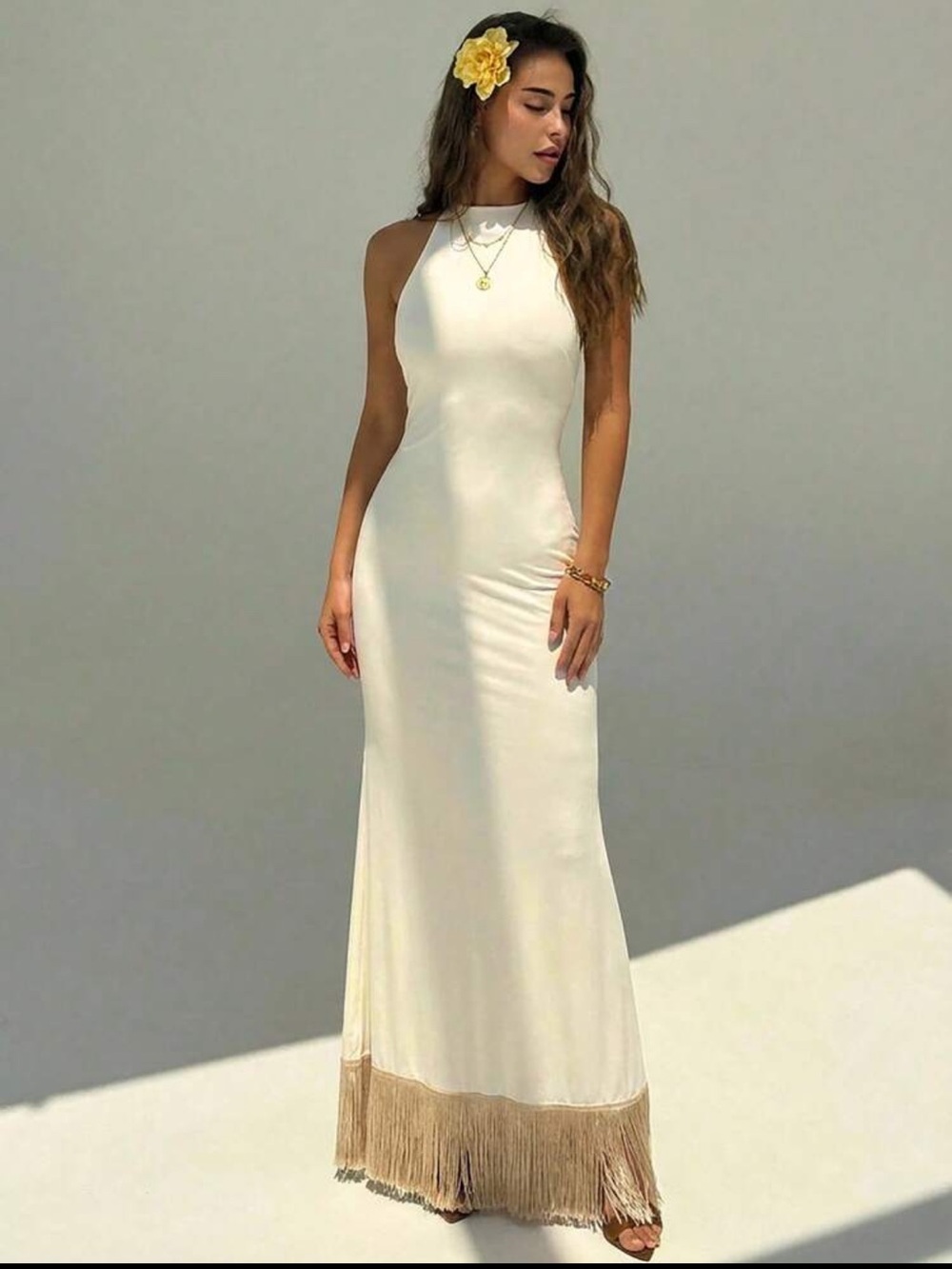 Elegant Halter Maxi Dress with Fringe Hem